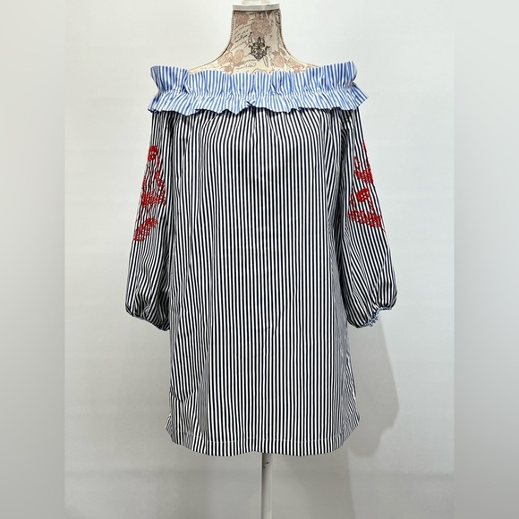 ROMEO AND JULIETTE COUTURE Navy and white stripe off shoulder mini dress size M - Picture 4 of 12